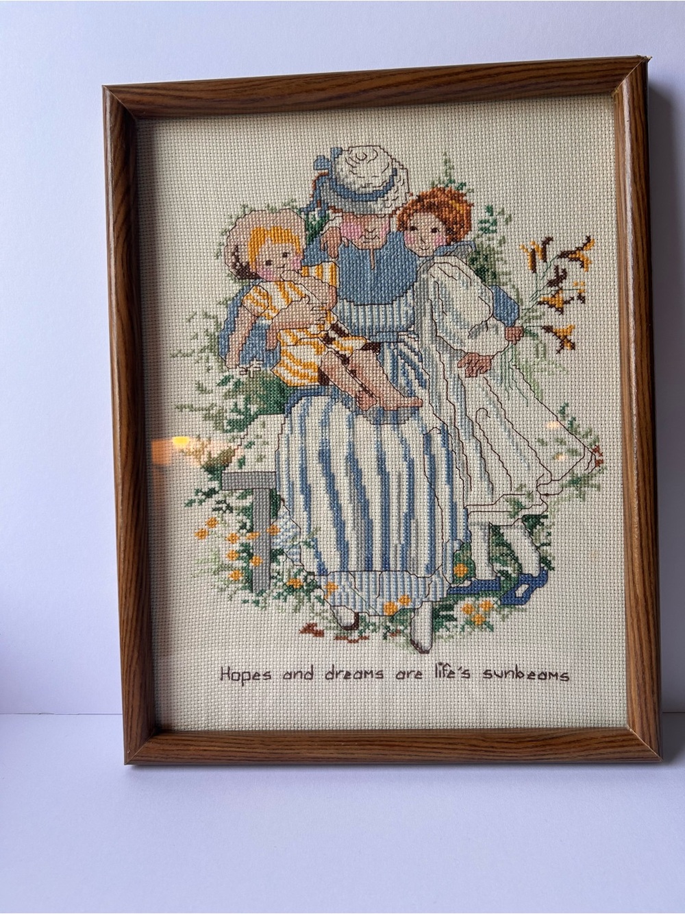 Vintage Cross Stitch Family Mother & Children Wall Art Framed Needlepoint